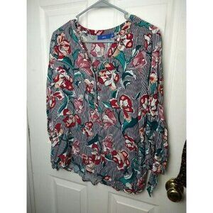 APT 9 Women's V 1/2 Button Striped Floral Print Hi Lo Hem Tie Sleeves. Size L